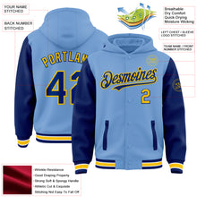 Load image into Gallery viewer, Custom Light Blue Royal-Yellow Bomber Full-Snap Varsity Letterman Two Tone Hoodie Jacket
