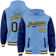 Load image into Gallery viewer, Custom Light Blue Royal-Yellow Bomber Full-Snap Varsity Letterman Two Tone Hoodie Jacket
