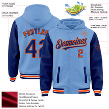 Load image into Gallery viewer, Custom Light Blue Royal-Orange Bomber Full-Snap Varsity Letterman Two Tone Hoodie Jacket
