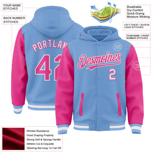 Custom Light Blue Pink-White Bomber Full-Snap Varsity Letterman Two Tone Hoodie Jacket