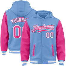 Load image into Gallery viewer, Custom Light Blue Pink-White Bomber Full-Snap Varsity Letterman Two Tone Hoodie Jacket
