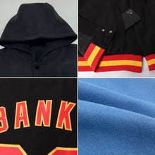 Load image into Gallery viewer, Custom Light Blue Black-Red Bomber Full-Snap Varsity Letterman Two Tone Hoodie Jacket
