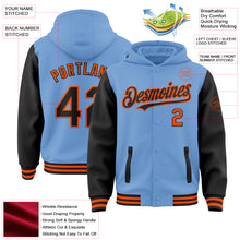 Load image into Gallery viewer, Custom Light Blue Black-Orange Bomber Full-Snap Varsity Letterman Two Tone Hoodie Jacket
