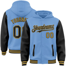 Load image into Gallery viewer, Custom Light Blue Black-Old Gold Bomber Full-Snap Varsity Letterman Two Tone Hoodie Jacket
