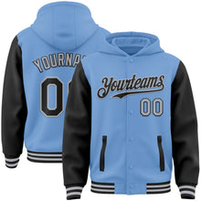 Load image into Gallery viewer, Custom Light Blue Black-Gray Bomber Full-Snap Varsity Letterman Two Tone Hoodie Jacket
