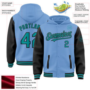 Custom Light Blue Teal-Black Bomber Full-Snap Varsity Letterman Two Tone Hoodie Jacket