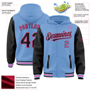 Custom Light Blue Black-Pink Bomber Full-Snap Varsity Letterman Two Tone Hoodie Jacket