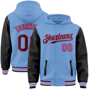 Custom Light Blue Black-Pink Bomber Full-Snap Varsity Letterman Two Tone Hoodie Jacket