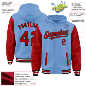 Custom Light Blue Red-Black Bomber Full-Snap Varsity Letterman Two Tone Hoodie Jacket