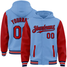 Load image into Gallery viewer, Custom Light Blue Red-Navy Bomber Full-Snap Varsity Letterman Two Tone Hoodie Jacket
