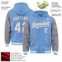 Load image into Gallery viewer, Custom Light Blue White-Gray Bomber Full-Snap Varsity Letterman Two Tone Hoodie Jacket
