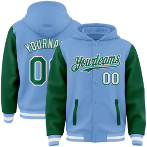 Custom Light Blue Kelly Green-White Bomber Full-Snap Varsity Letterman Two Tone Hoodie Jacket