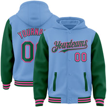 Load image into Gallery viewer, Custom Light Blue Kelly Green-Pink Bomber Full-Snap Varsity Letterman Two Tone Hoodie Jacket
