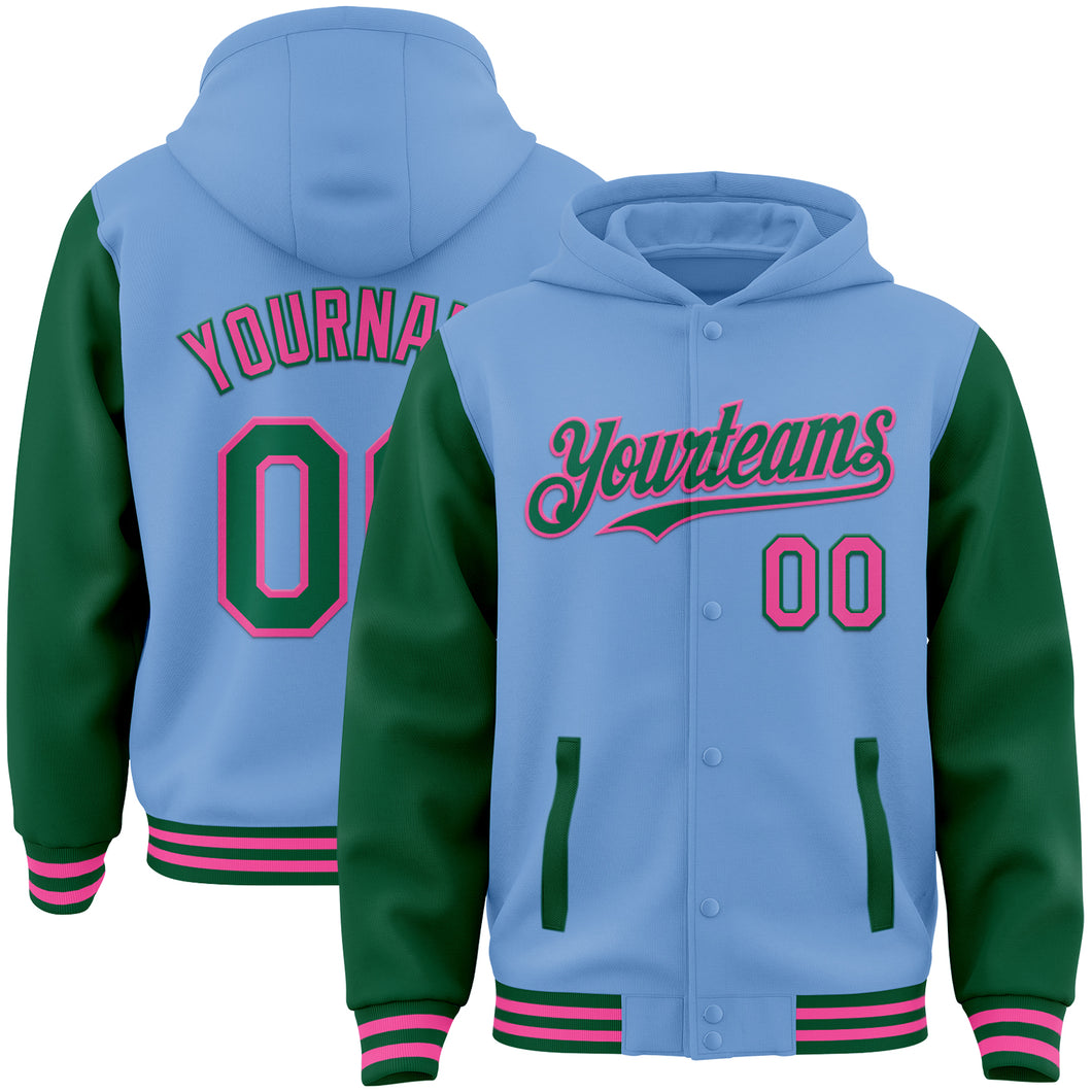 Custom Light Blue Kelly Green-Pink Bomber Full-Snap Varsity Letterman Two Tone Hoodie Jacket