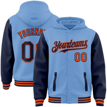 Load image into Gallery viewer, Custom Light Blue Navy-Orange Bomber Full-Snap Varsity Letterman Two Tone Hoodie Jacket
