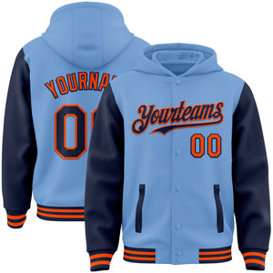 Custom Light Blue Navy-Orange Bomber Full-Snap Varsity Letterman Two Tone Hoodie Jacket