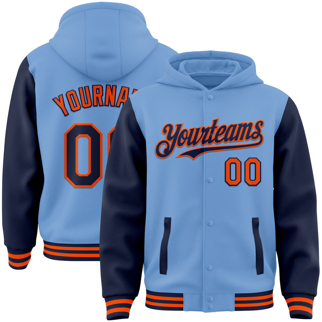 Custom Light Blue Navy-Orange Bomber Full-Snap Varsity Letterman Two Tone Hoodie Jacket