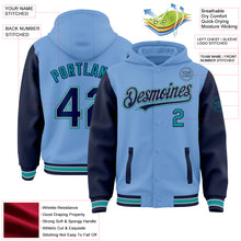 Load image into Gallery viewer, Custom Light Blue Navy Gray-Teal Bomber Full-Snap Varsity Letterman Two Tone Hoodie Jacket
