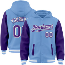 Load image into Gallery viewer, Custom Light Blue Purple-White Bomber Full-Snap Varsity Letterman Two Tone Hoodie Jacket
