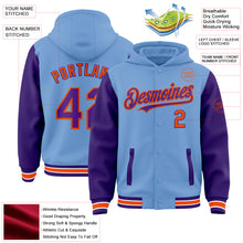 Load image into Gallery viewer, Custom Light Blue Purple-Orange Bomber Full-Snap Varsity Letterman Two Tone Hoodie Jacket
