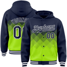 Load image into Gallery viewer, Custom Navy Neon Green-White Gradient Square Shape 3D Pattern Design Bomber Full-Snap Varsity Letterman Hoodie Jacket
