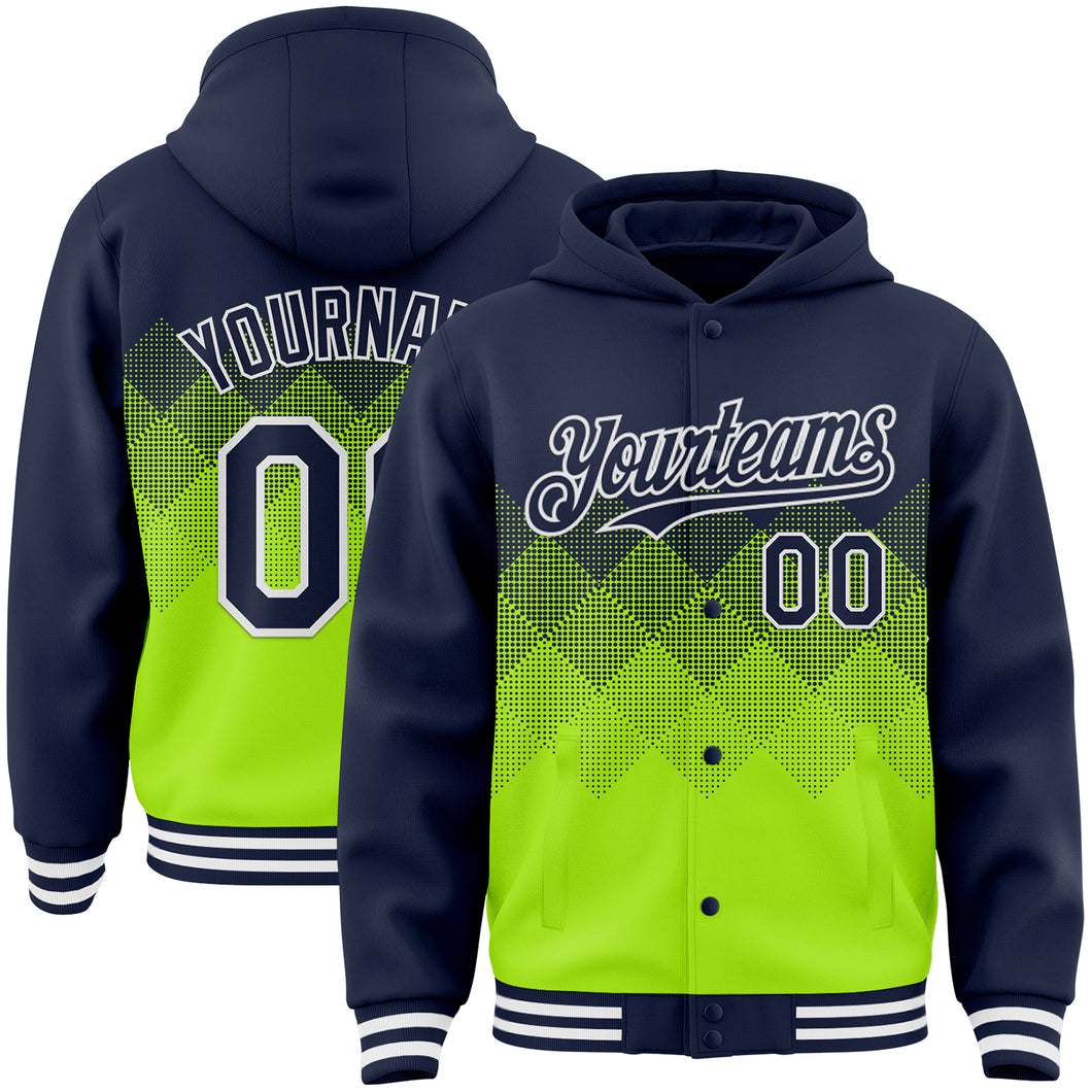 Custom Navy Neon Green-White Gradient Square Shape 3D Pattern Design Bomber Full-Snap Varsity Letterman Hoodie Jacket