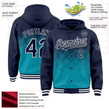 Load image into Gallery viewer, Custom Navy Teal-White Gradient Square Shape 3D Pattern Design Bomber Full-Snap Varsity Letterman Hoodie Jacket
