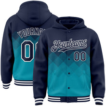 Load image into Gallery viewer, Custom Navy Teal-White Gradient Square Shape 3D Pattern Design Bomber Full-Snap Varsity Letterman Hoodie Jacket
