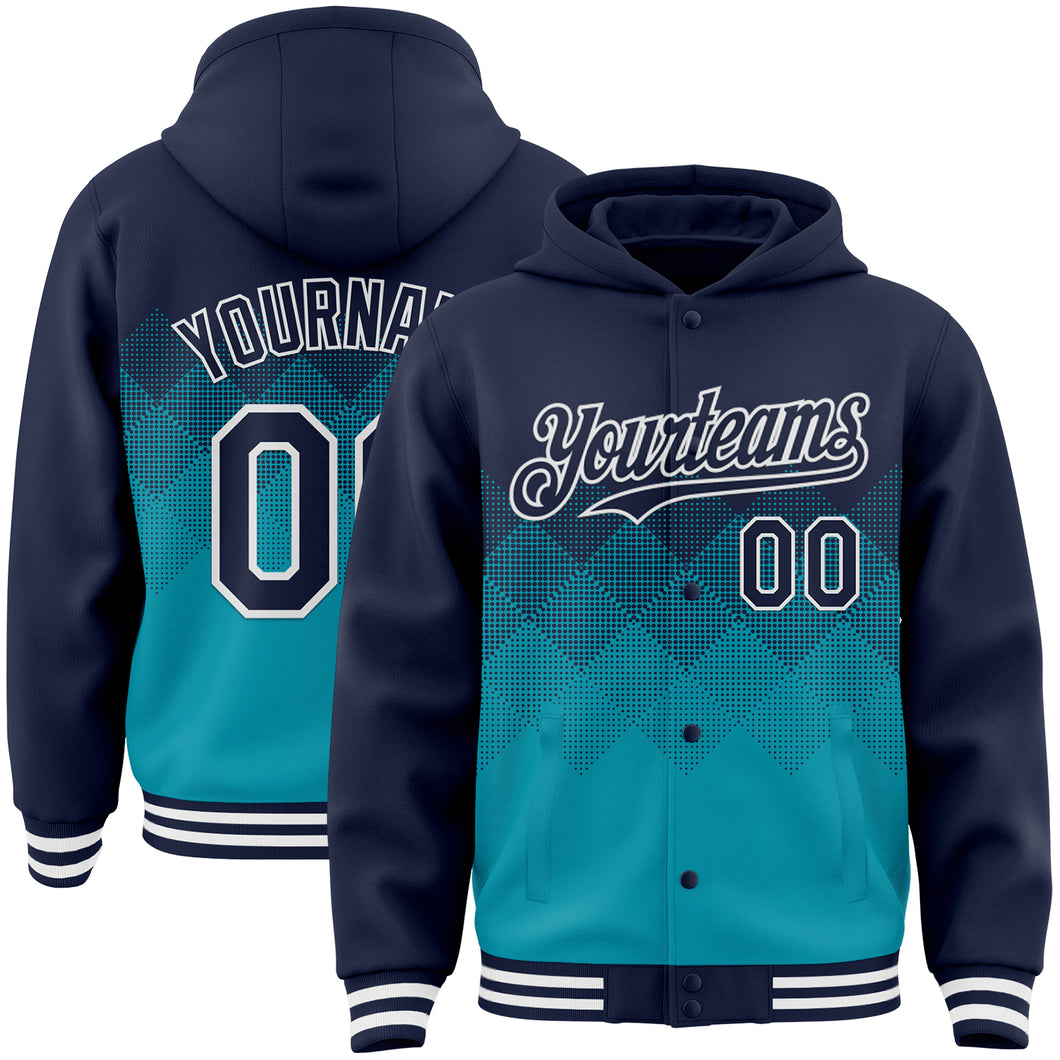 Custom Navy Teal-White Gradient Square Shape 3D Pattern Design Bomber Full-Snap Varsity Letterman Hoodie Jacket