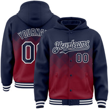 Load image into Gallery viewer, Custom Navy Crimson-White Gradient Square Shape 3D Pattern Design Bomber Full-Snap Varsity Letterman Hoodie Jacket
