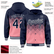 Load image into Gallery viewer, Custom Navy Medium Pink-White Gradient Square Shape 3D Pattern Design Bomber Full-Snap Varsity Letterman Hoodie Jacket
