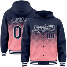 Load image into Gallery viewer, Custom Navy Medium Pink-White Gradient Square Shape 3D Pattern Design Bomber Full-Snap Varsity Letterman Hoodie Jacket
