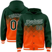 Load image into Gallery viewer, Custom Green Orange-White Gradient Square Shape 3D Pattern Design Bomber Full-Snap Varsity Letterman Hoodie Jacket
