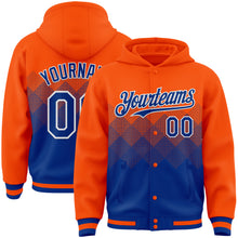 Load image into Gallery viewer, Custom Orange Royal-White Gradient Square Shape 3D Pattern Design Bomber Full-Snap Varsity Letterman Hoodie Jacket
