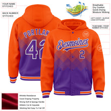 Load image into Gallery viewer, Custom Orange Purple-White Gradient Square Shape 3D Pattern Design Bomber Full-Snap Varsity Letterman Hoodie Jacket
