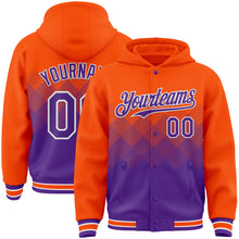 Load image into Gallery viewer, Custom Orange Purple-White Gradient Square Shape 3D Pattern Design Bomber Full-Snap Varsity Letterman Hoodie Jacket
