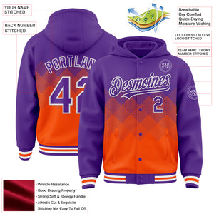 Custom Purple Orange-White Gradient Square Shape 3D Pattern Design Bomber Full-Snap Varsity Letterman Hoodie Jacket