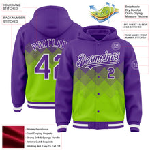 Load image into Gallery viewer, Custom Purple Neon Green-White Gradient Square Shape 3D Pattern Design Bomber Full-Snap Varsity Letterman Hoodie Jacket
