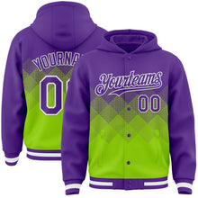 Load image into Gallery viewer, Custom Purple Neon Green-White Gradient Square Shape 3D Pattern Design Bomber Full-Snap Varsity Letterman Hoodie Jacket
