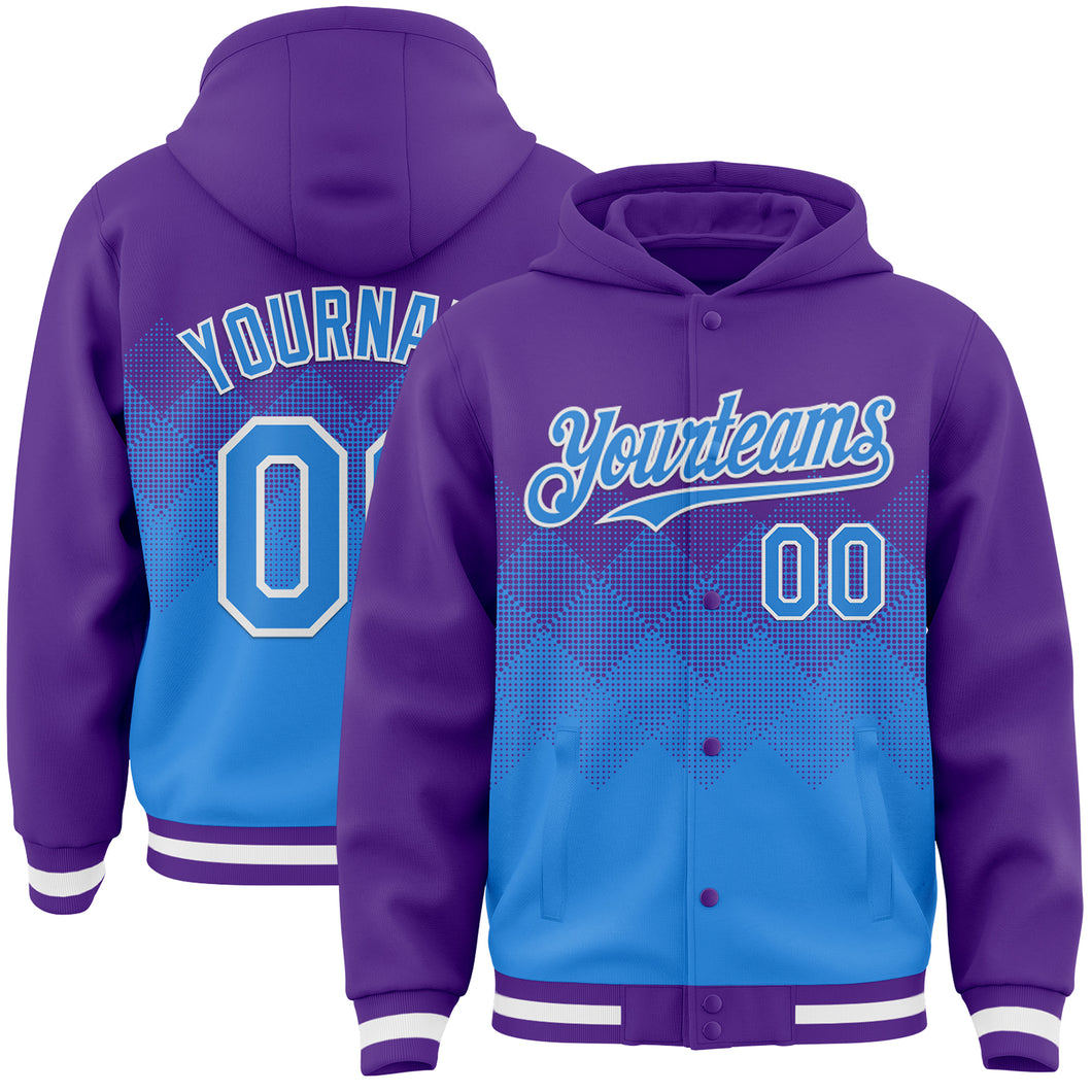 Custom Purple Powder Blue-White Gradient Square Shape 3D Pattern Design Bomber Full-Snap Varsity Letterman Hoodie Jacket