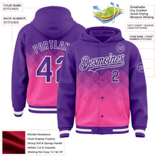 Load image into Gallery viewer, Custom Purple Pink-White Gradient Square Shape 3D Pattern Design Bomber Full-Snap Varsity Letterman Hoodie Jacket
