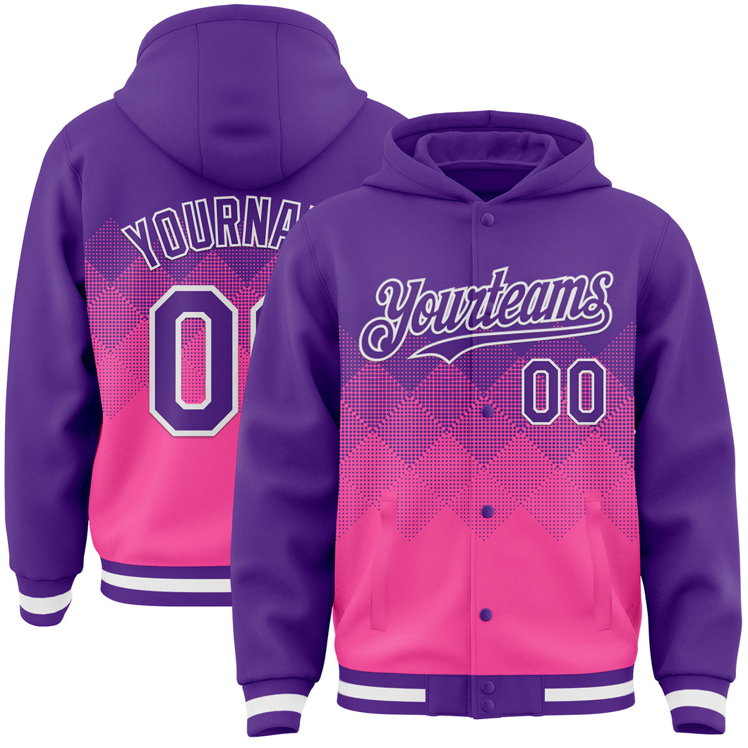 Custom Purple Pink-White Gradient Square Shape 3D Pattern Design Bomber Full-Snap Varsity Letterman Hoodie Jacket