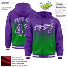 Load image into Gallery viewer, Custom Purple Grass Green-White Gradient Square Shape 3D Pattern Design Bomber Full-Snap Varsity Letterman Hoodie Jacket
