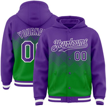 Load image into Gallery viewer, Custom Purple Grass Green-White Gradient Square Shape 3D Pattern Design Bomber Full-Snap Varsity Letterman Hoodie Jacket
