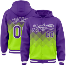 Load image into Gallery viewer, Custom Purple Neon Green-White Gradient Square Shape 3D Pattern Design Bomber Full-Snap Varsity Letterman Hoodie Jacket
