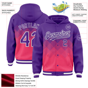 Custom Purple Neon Pink-White Gradient Square Shape 3D Pattern Design Bomber Full-Snap Varsity Letterman Hoodie Jacket