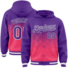 Load image into Gallery viewer, Custom Purple Neon Pink-White Gradient Square Shape 3D Pattern Design Bomber Full-Snap Varsity Letterman Hoodie Jacket
