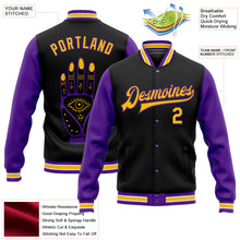 Load image into Gallery viewer, Custom Black Gold-Purple Evil Eyes 3D Pattern Design Bomber Full-Snap Varsity Letterman Jacket
