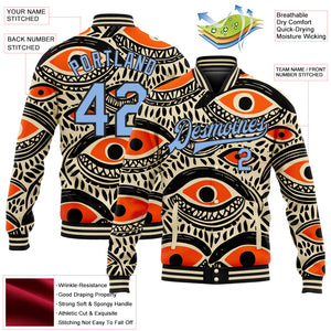 Custom Cream Light Blue-Black Evil Eyes 3D Pattern Design Bomber Full-Snap Varsity Letterman Jacket