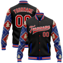 Load image into Gallery viewer, Custom Black Red-Royal Christmas 3D Bomber Full-Snap Varsity Letterman Jacket
